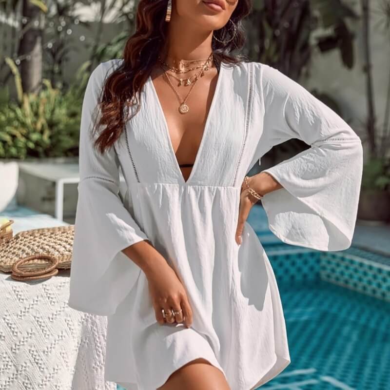 Cotton Bamboo Fabric Pleated V-neck Trumpet Sleeve Beach Sun Protection Clothing