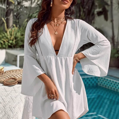 Cotton Bamboo Fabric Pleated V-neck Trumpet Sleeve Beach Sun Protection Clothing